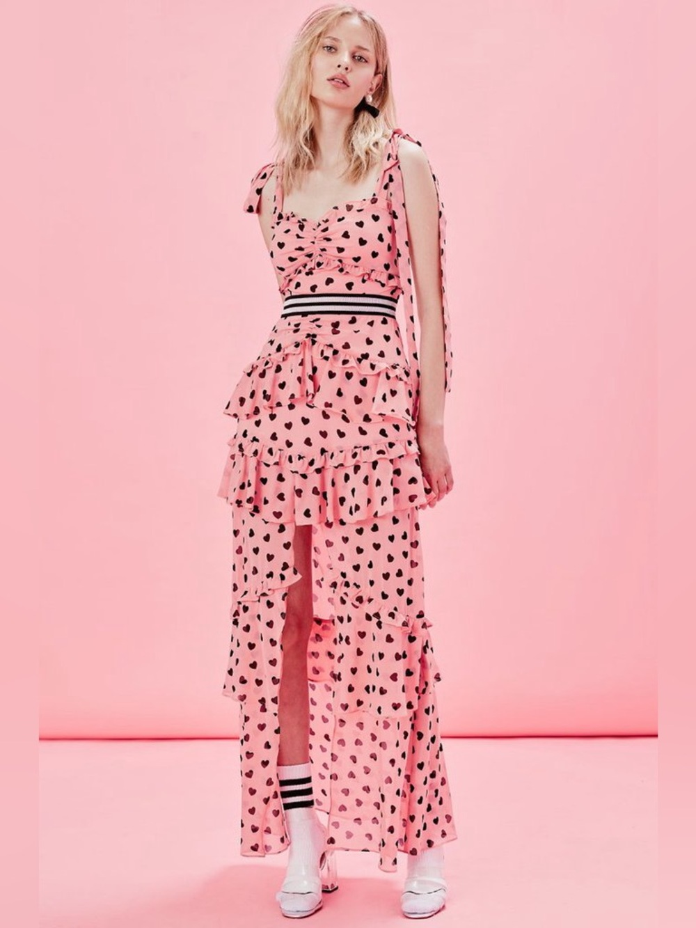 NWT For Love & Lemons Maison Hearts Printed Slit Front Ruffles Maxi Dress